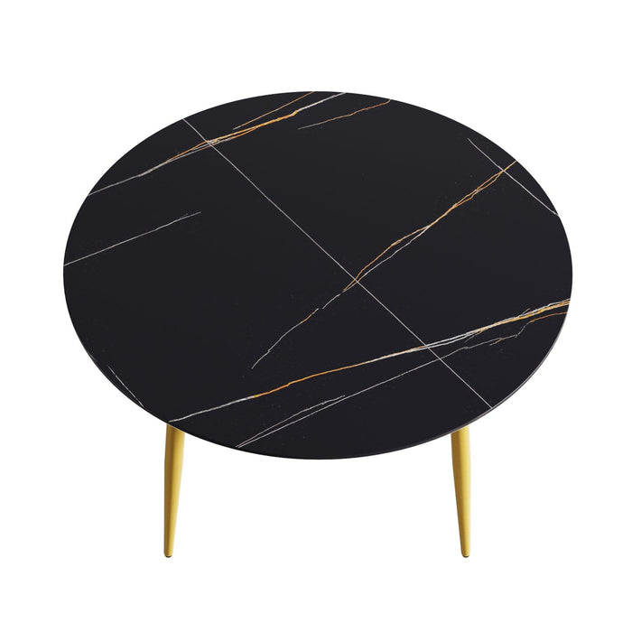 53.15 "Modern artificial stone black round dining table with golden metal legs-can accommodate 6 people.