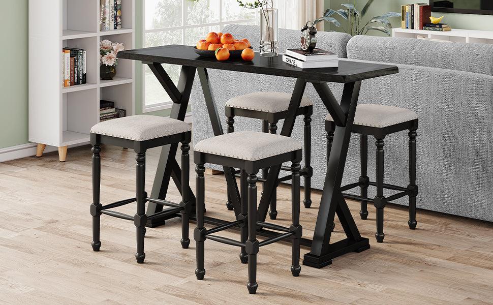 Mid-century Counter Height 5-Piece Dining Set, Wood Console Table with Trestle Legs and 4 Stools for Small Places, Black