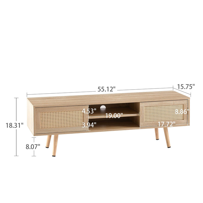 55.12" Rattan TV cabinet, double sliding doors forStorage,  adjustable shelf, solid wood legs, TV console for living room ,natural