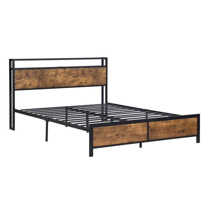 Industrial Queen Bed Frame with LED Lights and 2 USB Ports, Bed Frame Queen Size withStorage, Noise Free, No Box Spring Needed, Rustic Brown