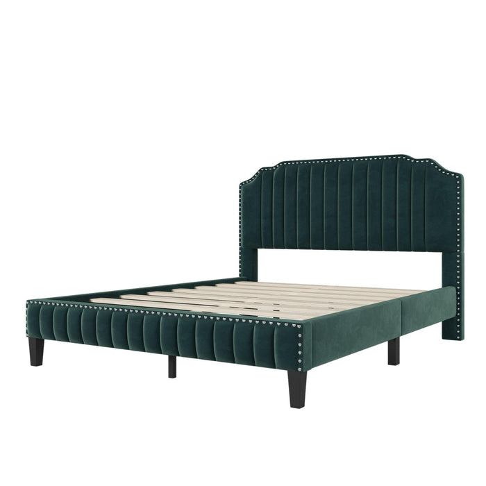 Modern Velvet Curved Upholstered Platform Bed , Solid Wood Frame , Nailhead Trim, Green(Queen)