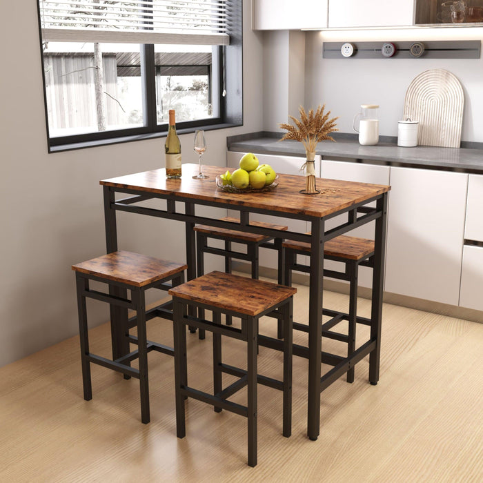 Bar table set 5PC Dinging table set with high stools, structural strengthening, industrial style (Rustic Brown，43.31''w x 23.62''d x 35.43''h)