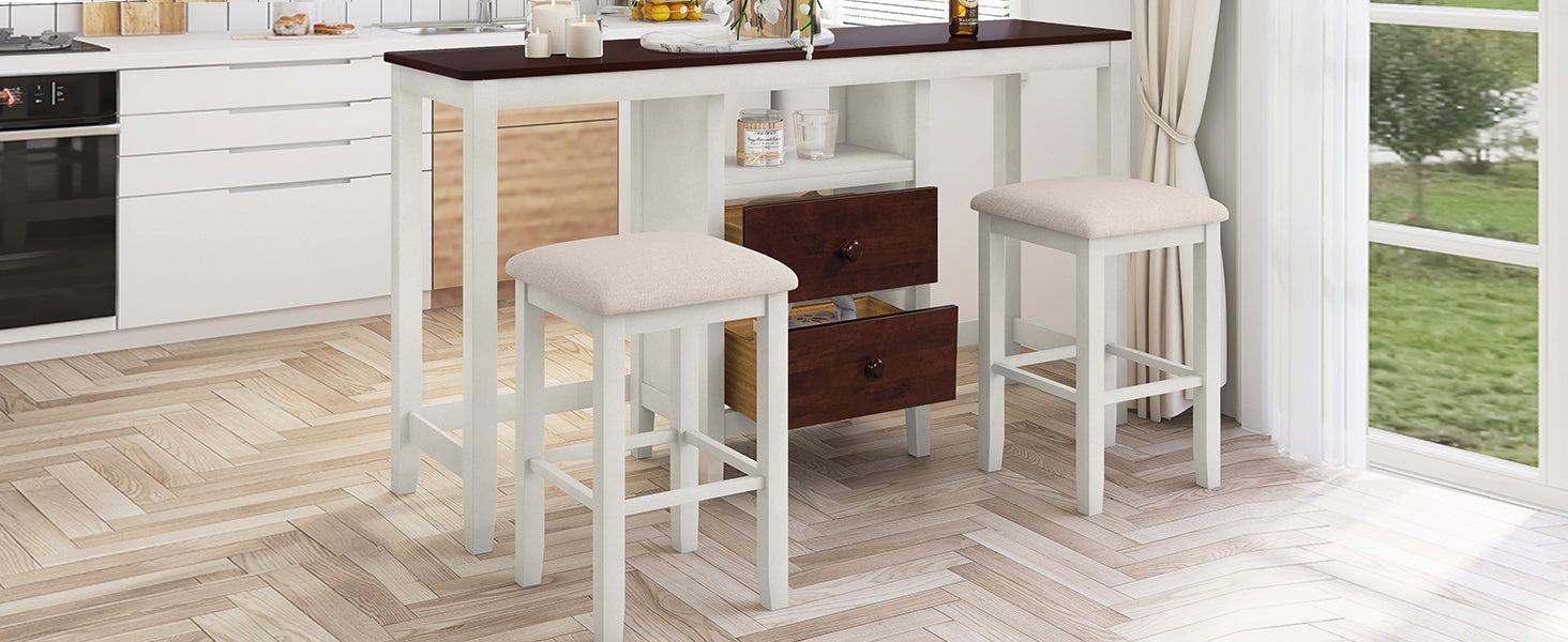 Farmhouse Rustic 3-piece Counter Height Wood Dining Table Set with 2Storage Drawers and 2 Stools for Small Places, White and Brown
