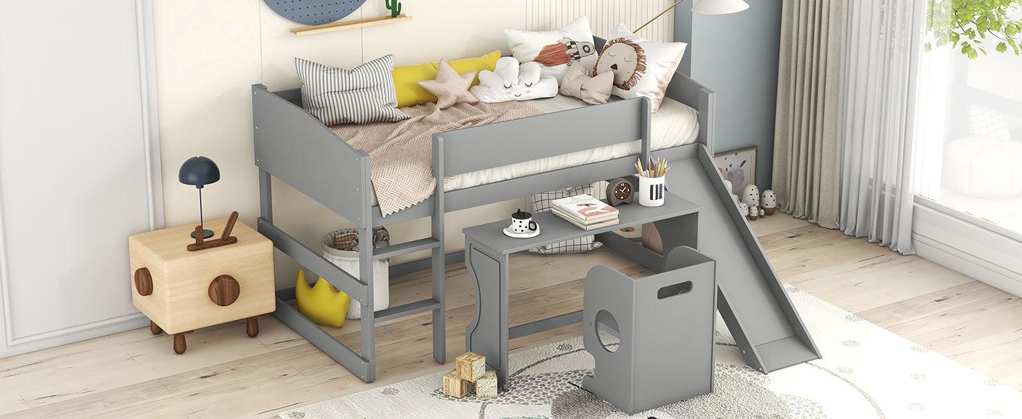 Low Study Twin Loft Bed with Rolling Portable Desk and Chair,Multiple Functions Bed- Gray