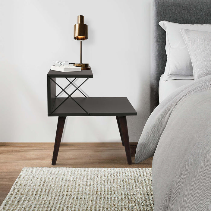 22 Inch Rectangular 2 Tier Wood  Nightstand Side Table, Crossed Metal Bar Frame, Angled Legs, Charcoal Gray, Brown