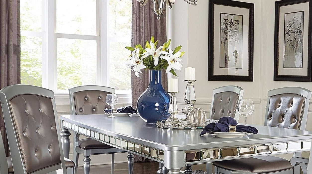 Glamorous Silver Finish Dining Set 5pc Dining Table 4x Side Chairs Crystal Button Tufted UpholsteredModern Style Furniture