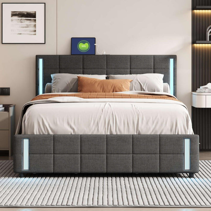 Queen Size Upholstered Platform Bed with LED Lights and USB Charging,Storage Bed with 4 Drawers, Dark Gray