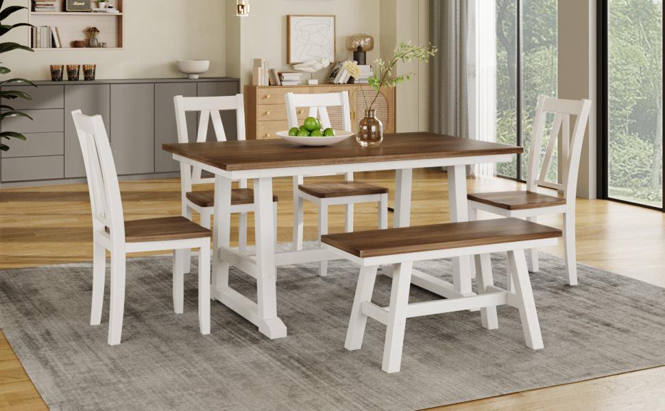 6-Piece Wood Dining Table Set Kitchen Table Set with Long Bench and 4 Dining Chairs, Farmhouse Style, Walnut+White
