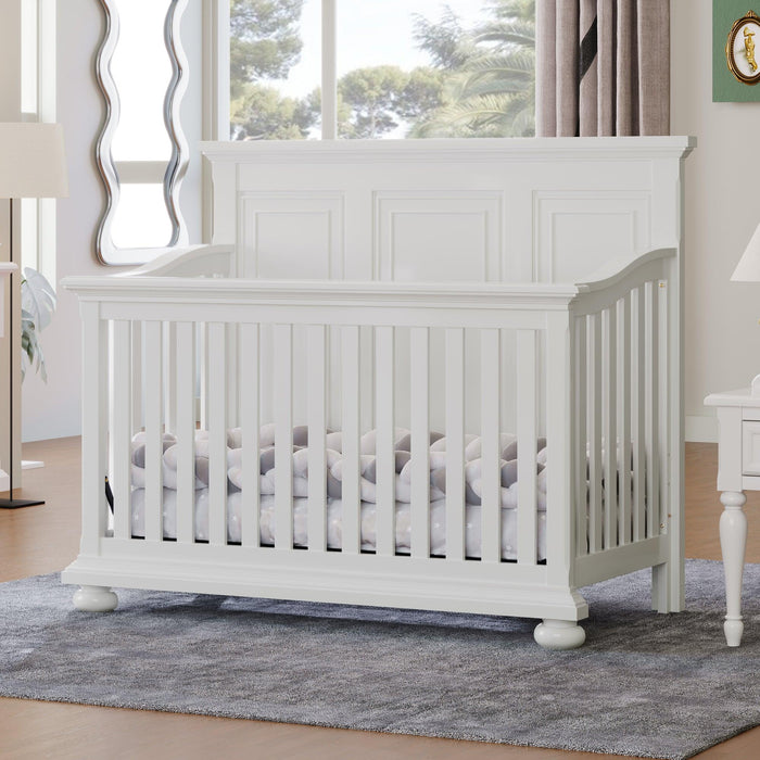4 Pieces Nursery Sets Traditional Farmhouse Style 4-in-1 Convertible Crib + Nightstand+Dresser with Changing Topper, White