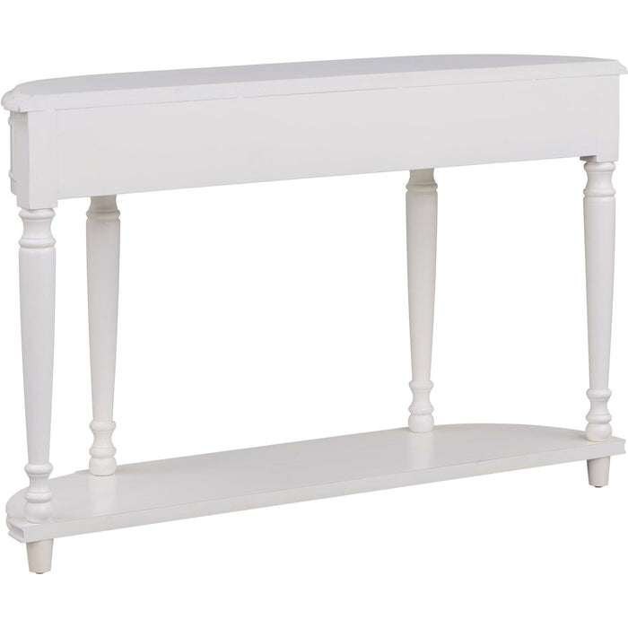 Retro Circular Curved Design Console Table with Open Style Shelf Solid Wooden Frame and Legs Two Top Drawers (Antique White)