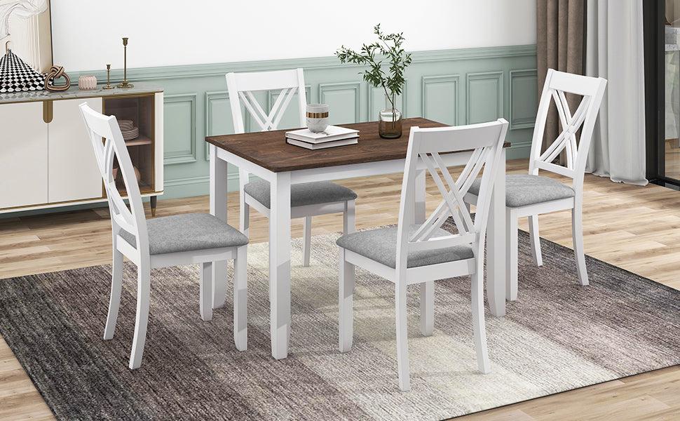 Rustic Minimalist Wood 5-Piece Dining Table Set with 4 X-Back Chairs for Small Places, White