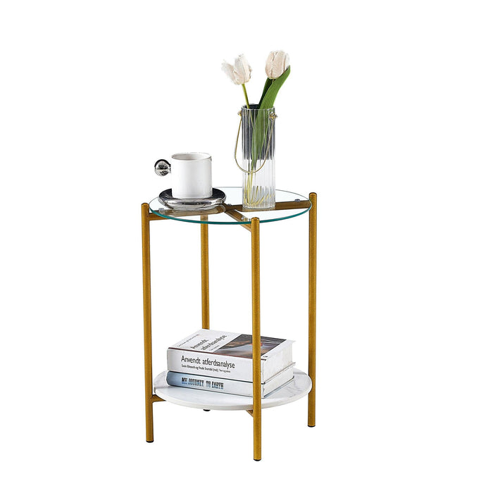 2-layer End Table with Tempered Glass and  Marble Tabletop, Round Coffee Table with Golden Metal Frame for Bedroom Living Room Office (1 piece)