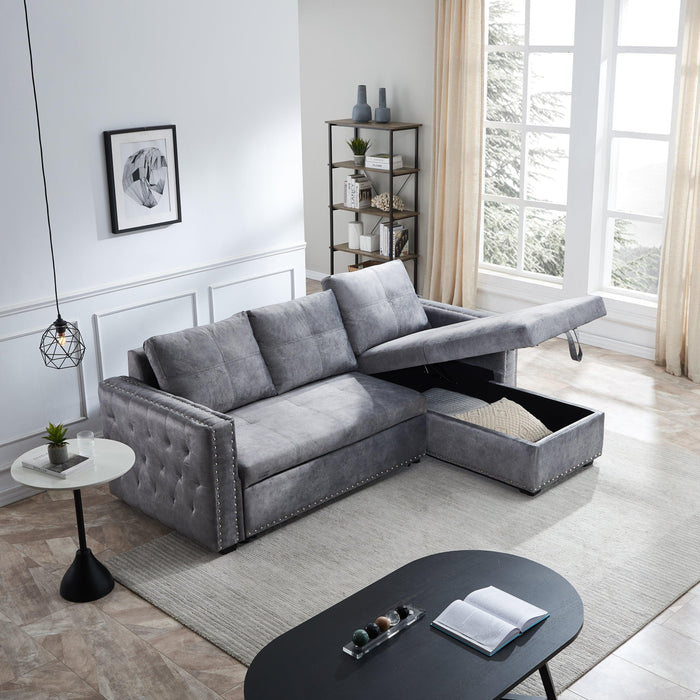 Sectional sofa with pulled out bed,  2 seats sofa and reversible chaise withStorage, both hands with copper nail, GREY, (91" x 64" x 37")