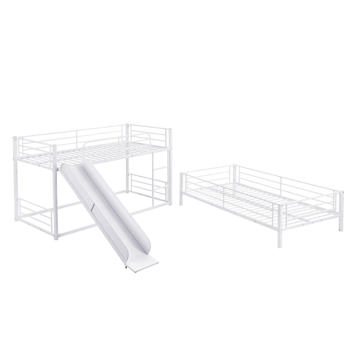 Twin Size Metal Bunk Bed with Ladders and Slide, Divided into Platform and Loft Bed, White