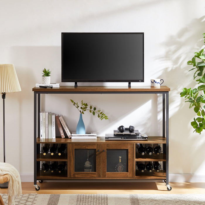 Wine shelf table,Modern wine bar cabinet, console table, bar table, TV cabinet, sideboard withStorage compartment, can be used in living room, dining room, kitchen, entryway, hallway. Hazelnut Brown