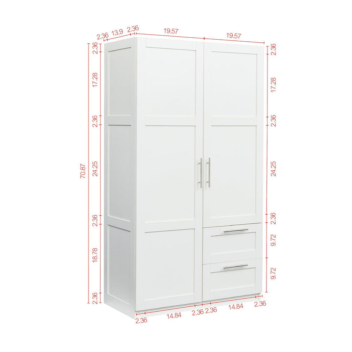 High wardrobe and kitchen cabinet with 2 doors, 2 drawers and 5Storage spaces,white