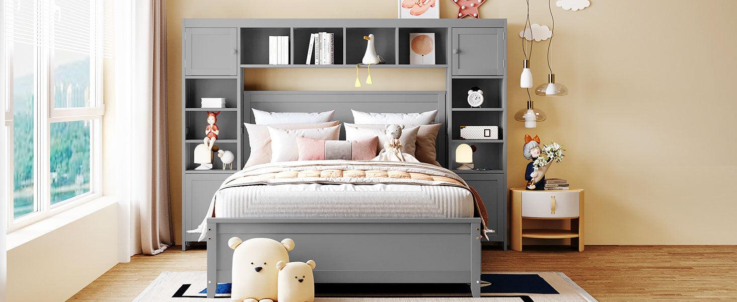 Full Size Wooden Bed With All-in-One Cabinet and Shelf, Gray