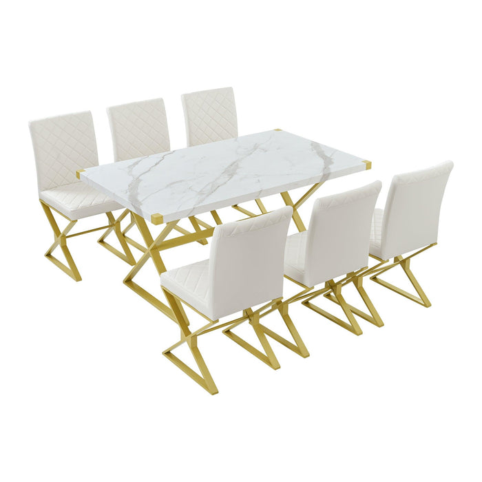 7-PieceModern Dining Table Set, Rectangular Marble Texture Kitchen Table and 6 PU leather Chairs with X-Shaped Gold Steel Pipe Legs for Dining Room (White)