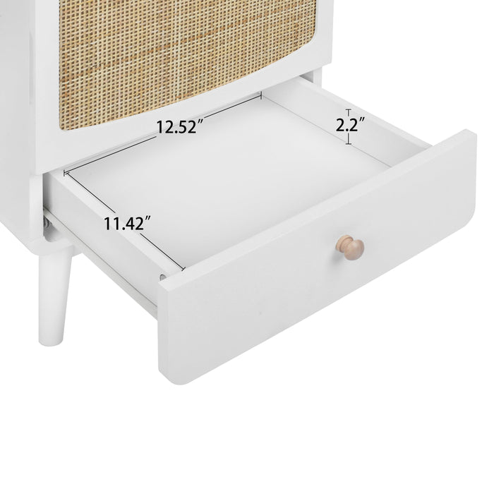 White Nightstand,  Bedside Table withStorage Drawe/ Rattan Door