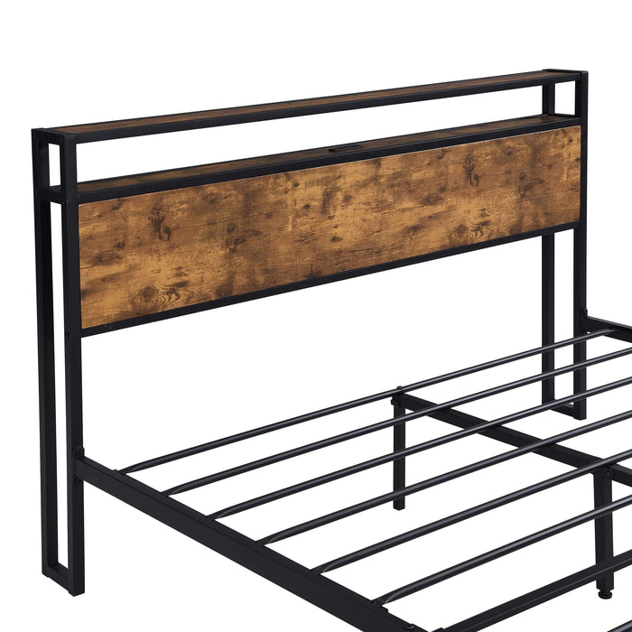 Industrial Full Bed Frame with LED Lights and 2 USB Ports, Bed Frame Full Size withStorage, Noise Free, No Box Spring Needed, Rustic Brown