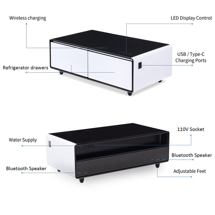 Modern Smart Coffee Table with Built-in Fridge, Bluetooth Speaker, Wireless Charging Module, Touch Control Panel, Power Socket, USB Interface, Outlet Protection, Atmosphere light, and More