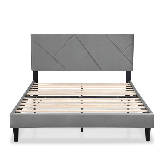 Queen Size Linen Dark Grey Sqaure Upholstered Platform Bed With Slat Support.