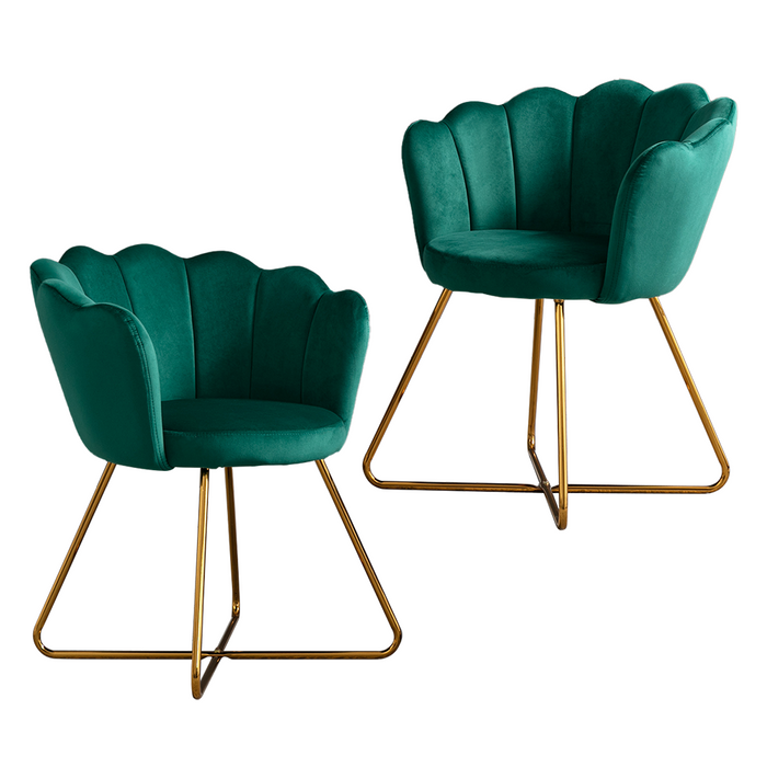 Zen Zone Velvet Accent/Conversation Lounge Chair With Iron Metal Gold Plated Legs, Suitable For Office, Lounge, Living Room, Set of 2, Green