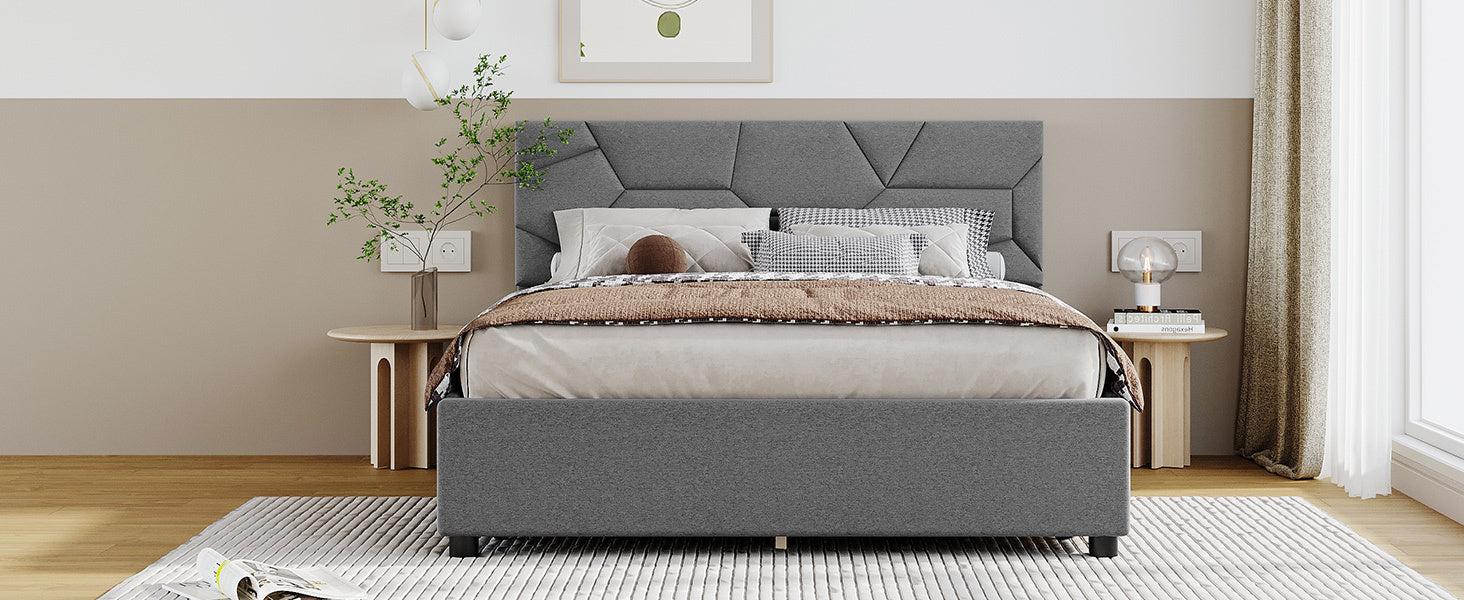 Full Size Upholstered Platform Bed with Brick Pattern Heardboard and 4 Drawers, Linen Fabric, Gray
