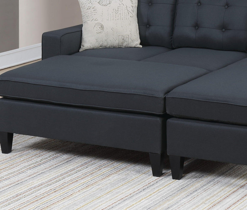 Reversible 3pc Sectional Sofa Set Black Tufted Polyfiber Wood Legs Chaise Sofa Ottoman Pillows Cushion Couch