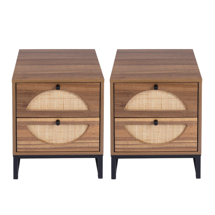 Rattan Nightstand Set of 2, Walnut End Table with 2 Natural Rattan Drawer & Metal Legs