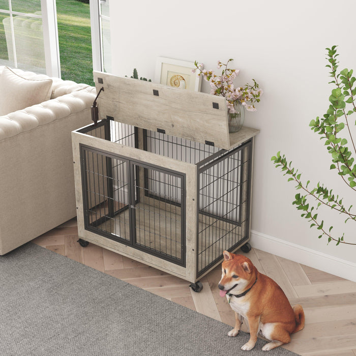 Furniture Style Dog Crate Side Table on Wheels with Double Doors and Lift Top. （Grey,31.50’’W*22.05’’D*25’’H）