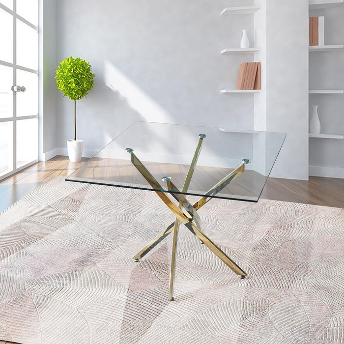 Contemporary Square Clear Dining Tempered Glass Table with Gold Finish Stainless Steel Legs