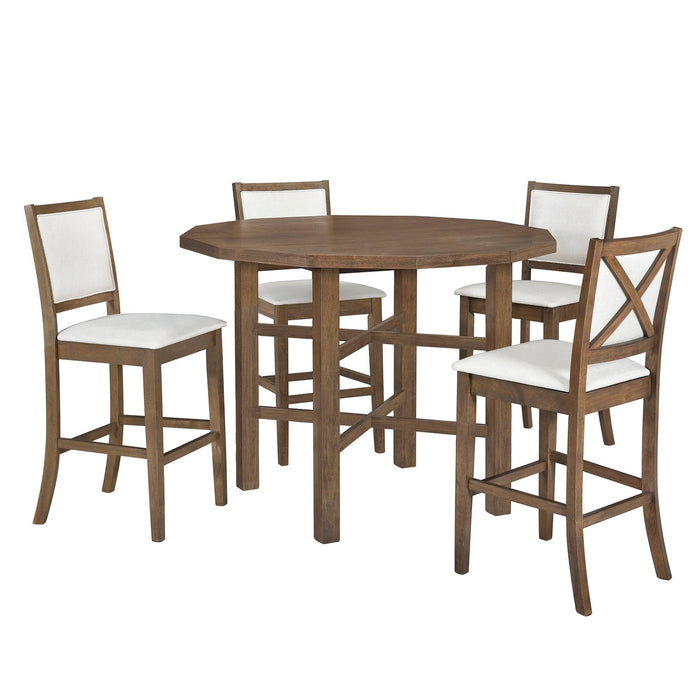 5-Piece Rubber Wood Counter Height Dining Table Set, Irregular Table with 4 High-back Cushioned Chairs for Small Place, Brown