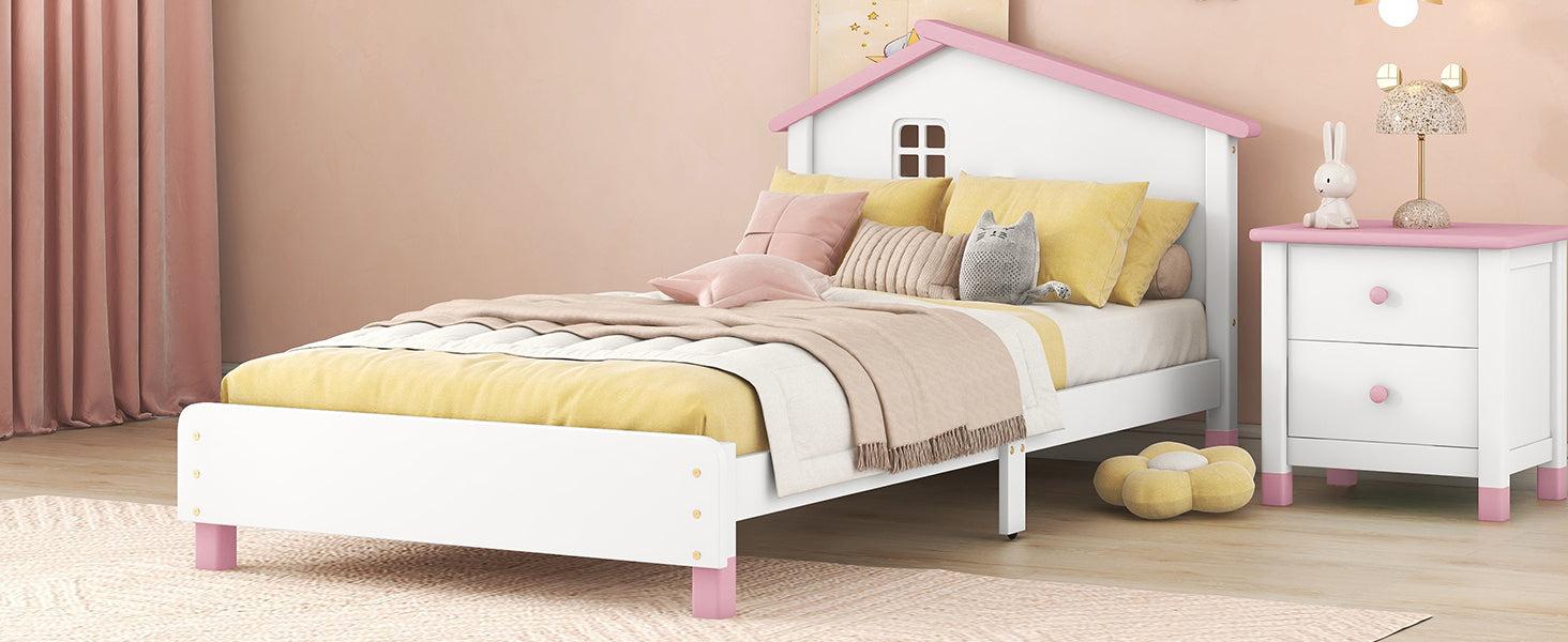 Twin Size Wood Platform Bed with House-shaped Headboard  (White+Pink)