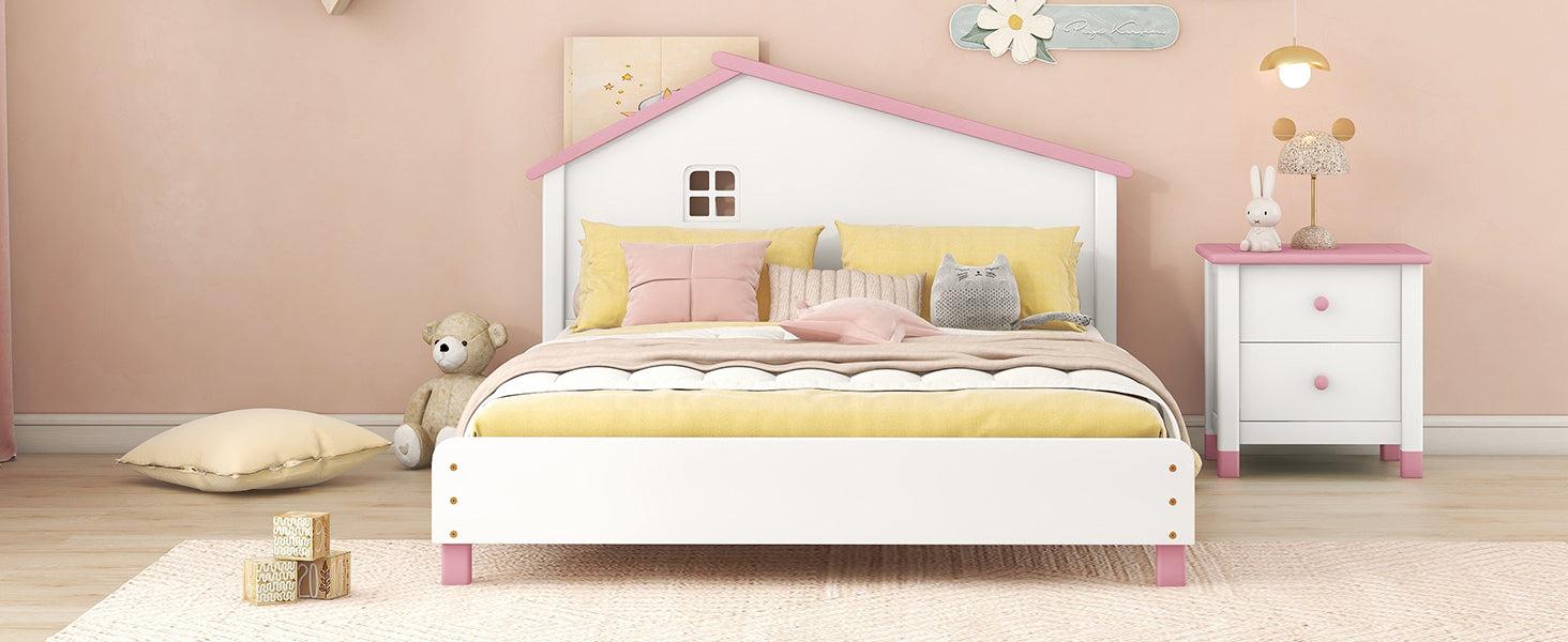 Full Size Wood Platform Bed with House-shaped Headboard  (White+Pink)