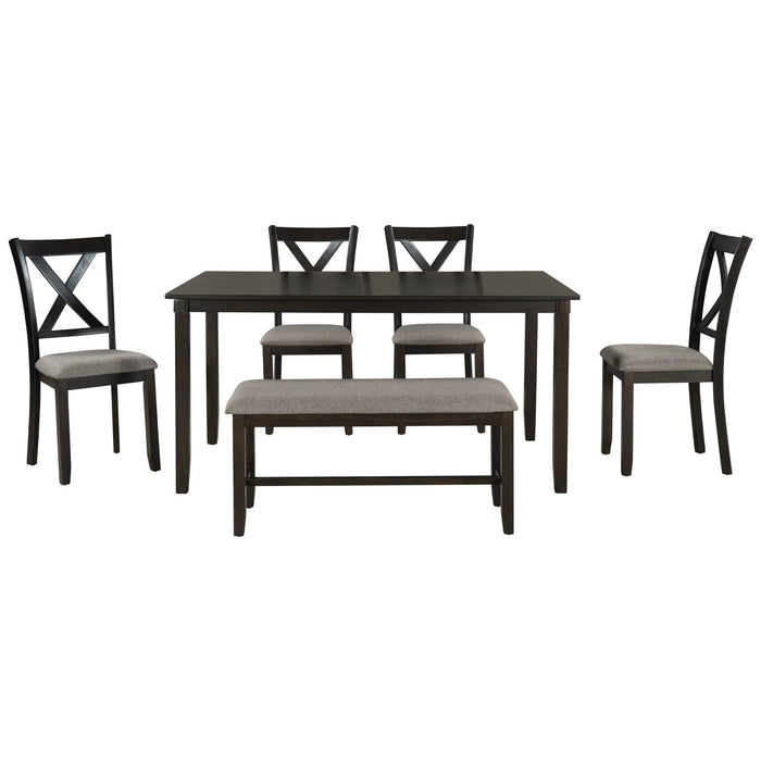 6-Piece Kitchen Dining Table Set Wooden Rectangular Dining Table, 4 Fabric Chairs and Bench Family Furniture (Espresso)