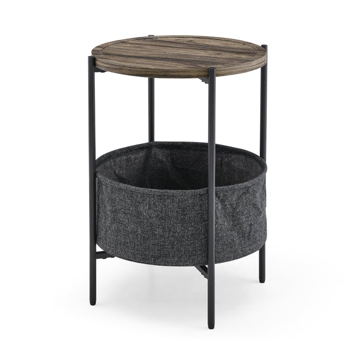 Modern Accent End Table withStorage Basket，Grey Cloth Bag and Brown Top （18“x18”x24“）