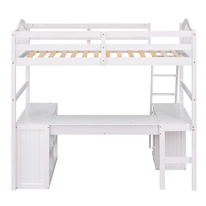 Twin size Loft Bed with Drawers, Cabinet, Shelves and Desk, Wooden Loft Bed with Desk - White