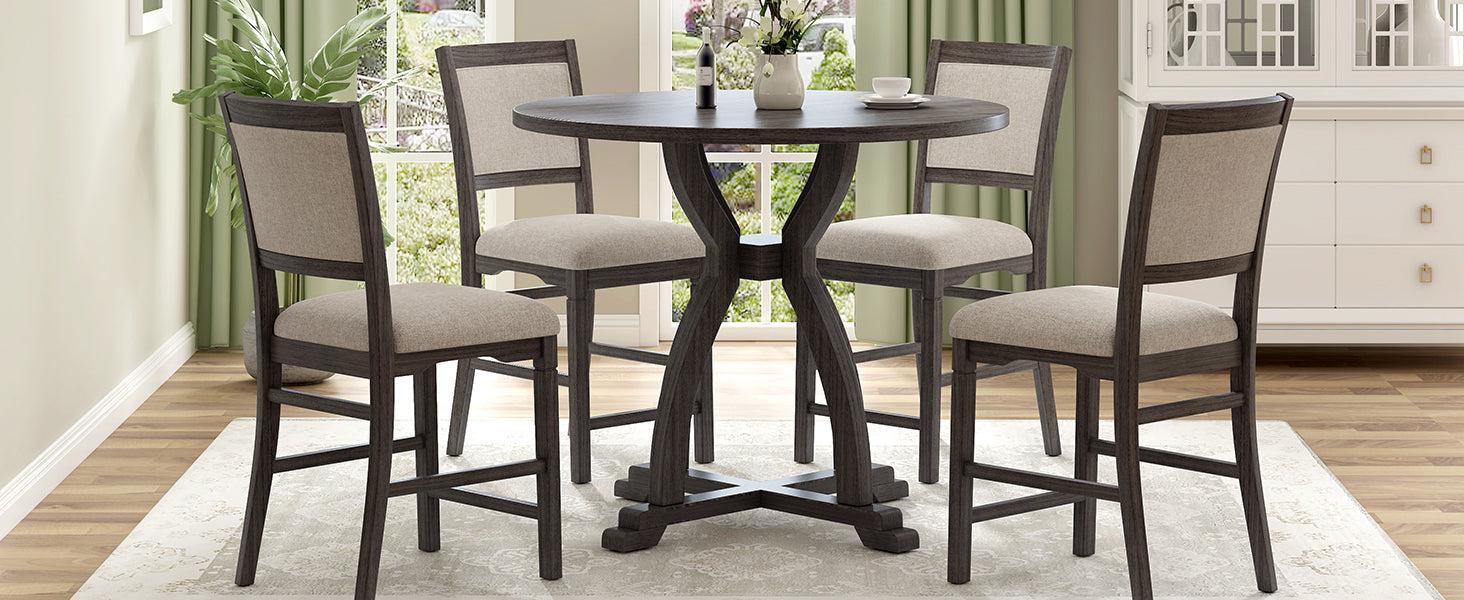 Farmhouse 5-Piece Round Dining Table Set with Trestle Legs and 4 Upholstered Dining Chairs for Small Place, Gray