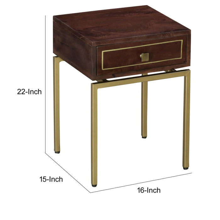 Ellis 16 Inch Side Table with 1 Drawer and Brass Metal Legs, Brown, Matte Gold