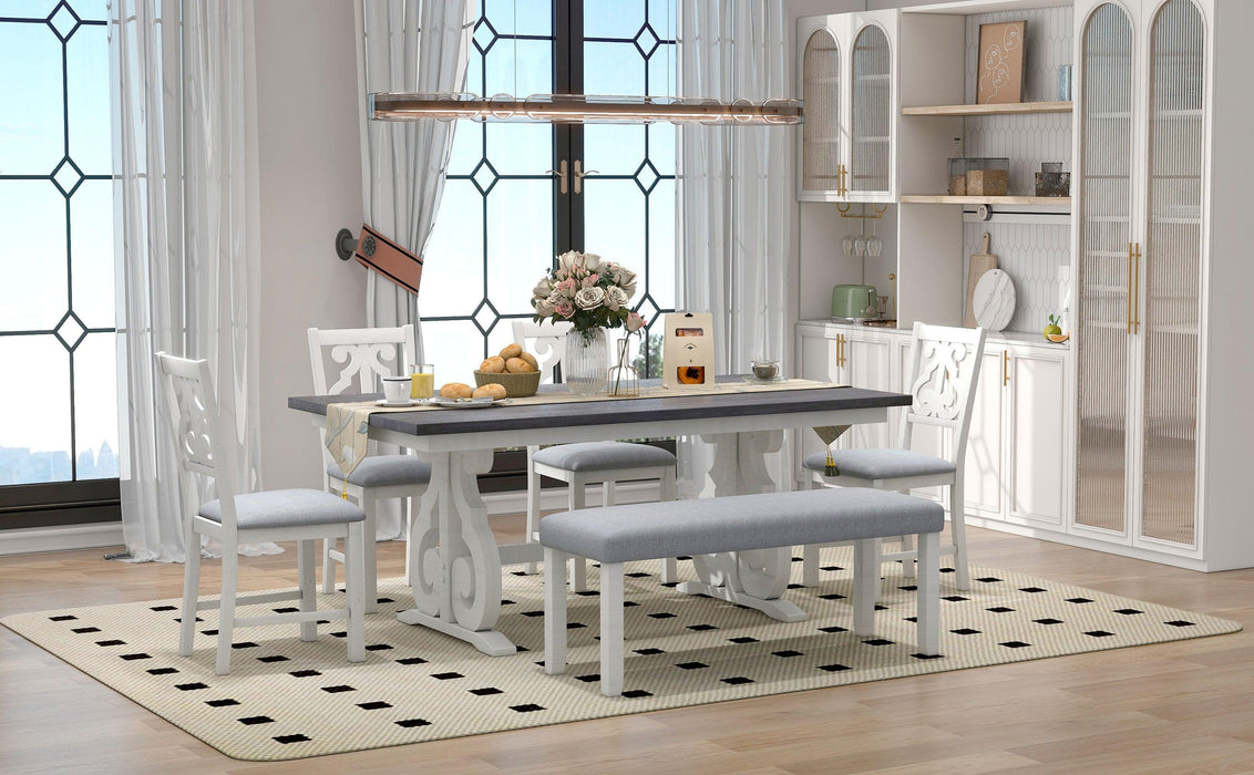 6-Piece Wooden Dining Table Set, Farmhouse Rectangular Dining Table, Four Chairs with Exquisitely Designed Hollow Chair Back and Bench for Home Dining Room (Gray+White)