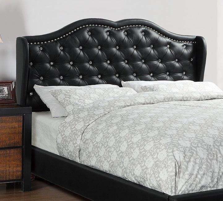 Queen Size Bed 1pc Bed Set Black Faux Leather Upholstered Wingback Design Bed Frame Headboard Bedroom Furniture Tufted Upholstered