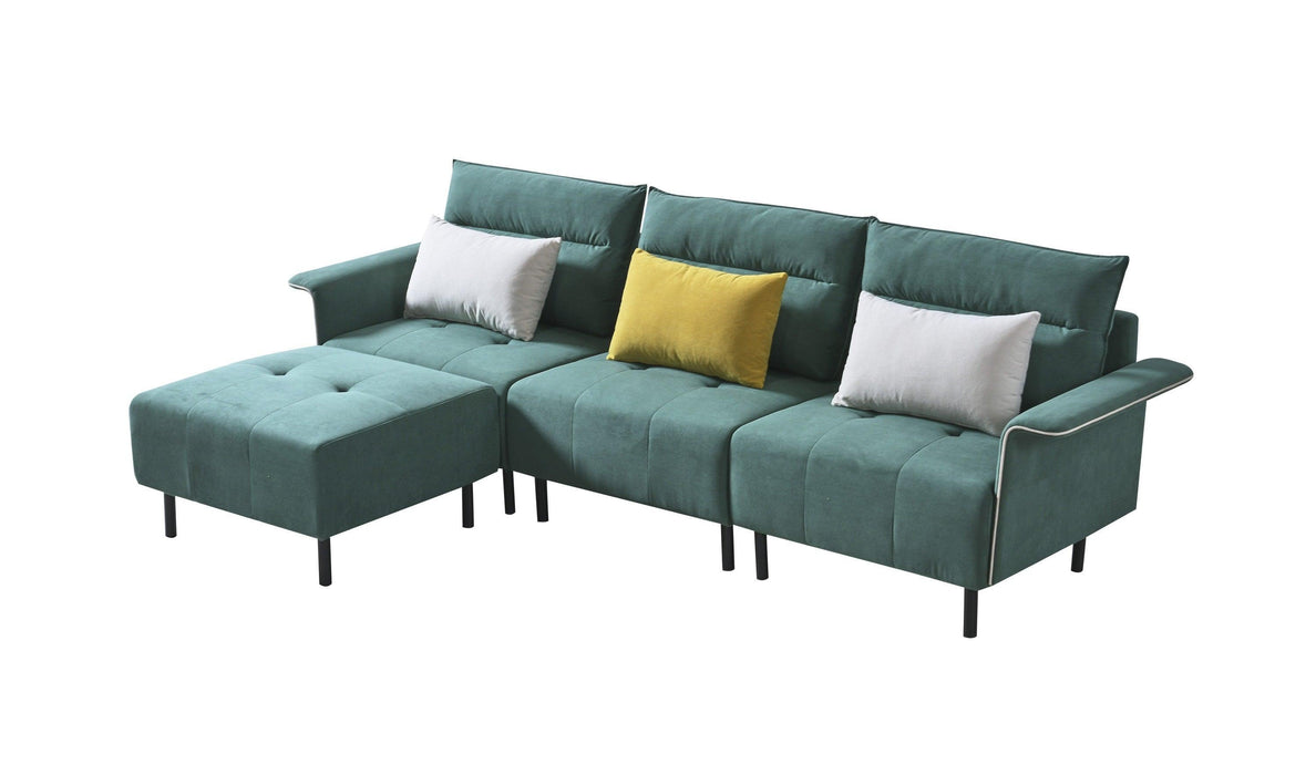 L-Shaped Sectional Sofa with Removeable Ottoman and 3 Pillows-GREEN