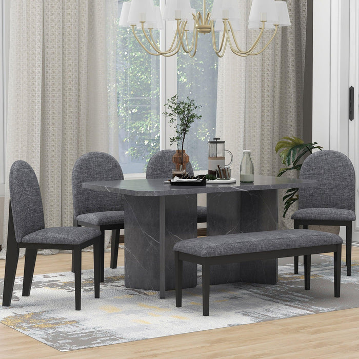 6-PieceModern Style Dining Set with Faux Marble Table and 4 Upholstered Dining Chairs & 1 Bench (Gray)