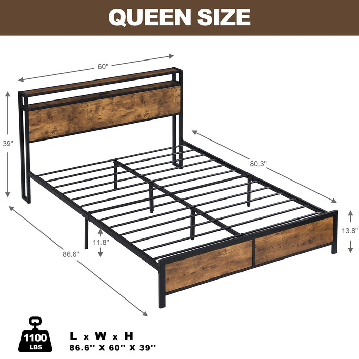 Industrial Queen Bed Frame with LED Lights and 2 USB Ports, Bed Frame Queen Size withStorage, Noise Free, No Box Spring Needed, Rustic Brown