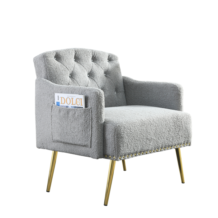 30 "WModern Chesterfield Tufted Upholstered Chair with Deep Buttons, Living Room Chair, Comfortable Armchair, Gold Hardware Legs, Tufted Chair for Reading or Relaxing, GREY TEDDY