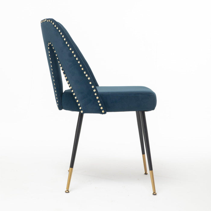 Akoya CollectionModern | Contemporary Velvet Upholstered Dining Chair with Nailheads and Gold Tipped Black Metal Legs,Blue,Set of 2