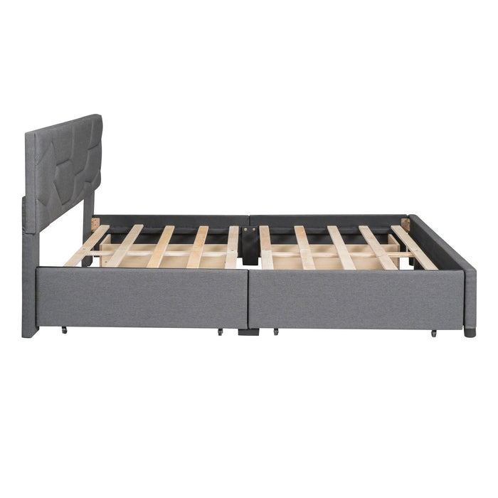 Queen Size Upholstered Platform Bed with Brick Pattern Heardboard and 4 Drawers, Linen Fabric, Gray