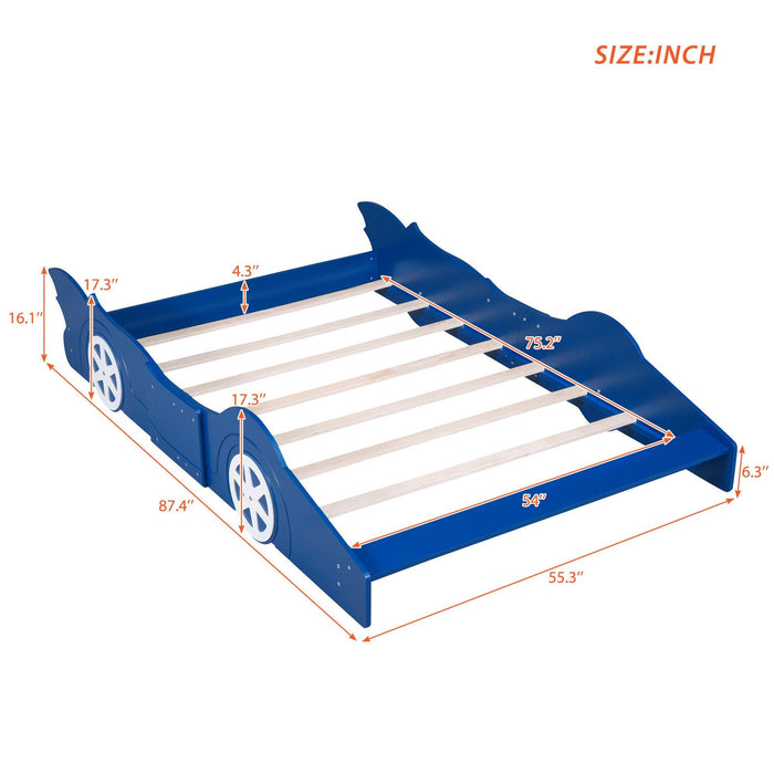 Full Size Race Car-Shaped Platform Bed with Wheels,Blue