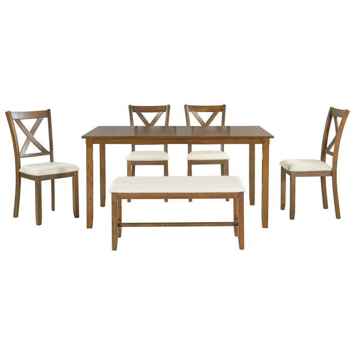 6-Piece Kitchen Dining Table Set Wooden Rectangular Dining Table, 4 Fabric Chairs and Bench Family Furniture (Natural Cherry)
